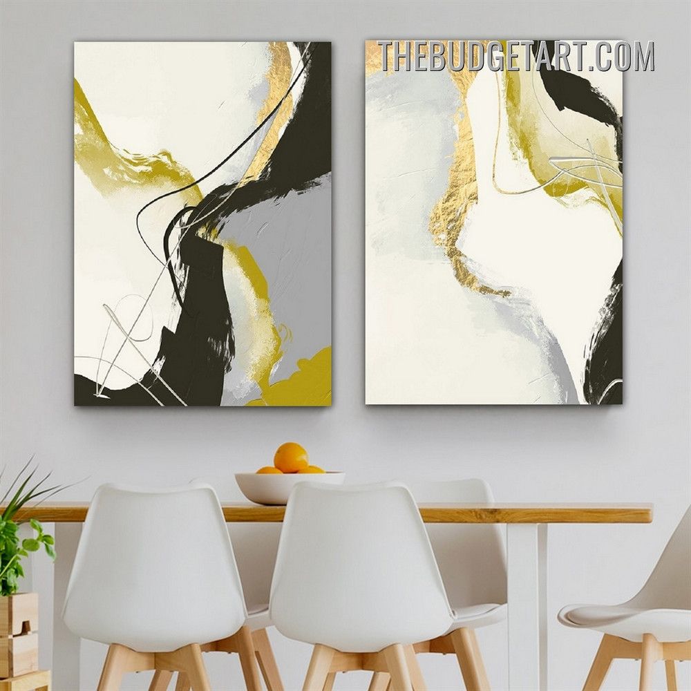 Curved Lines Smear Abstract Modern Painting Picture 2 Piece Canvas Wall Art Print for Room Garniture