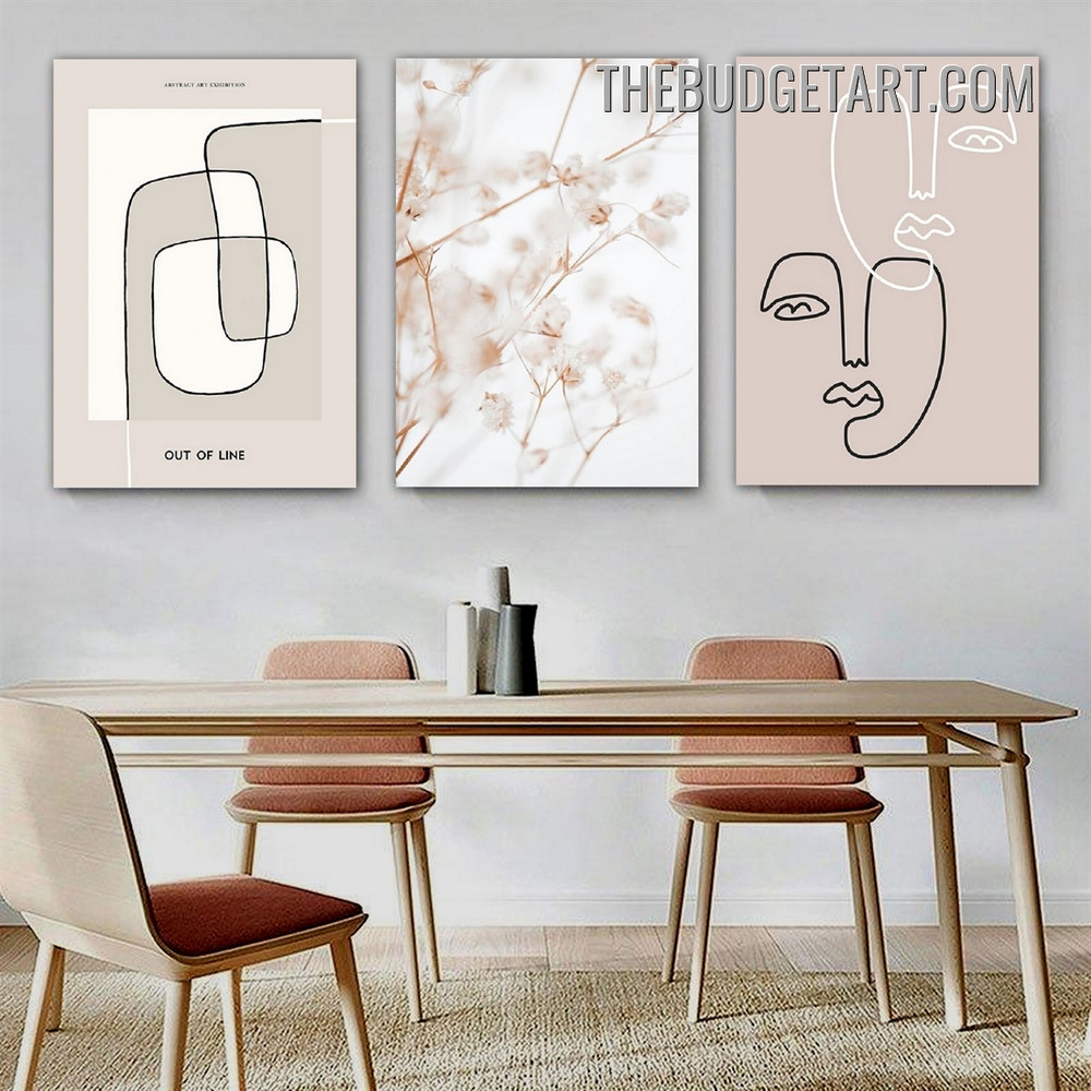 Winding Lines Face Abstract Modern Painting Picture 3 Piece Canvas Wall Art Prints for Room Outfit