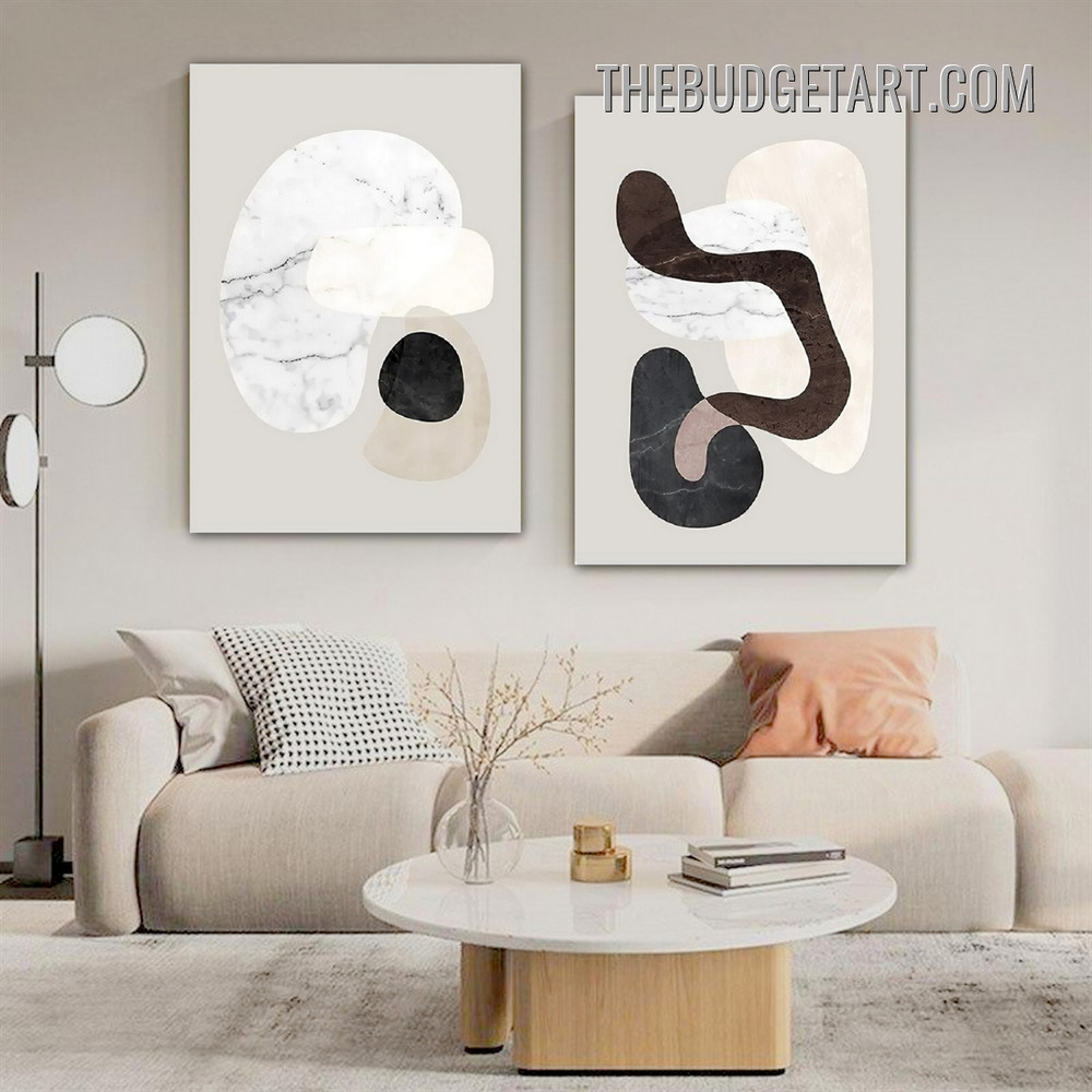 Curved Smudges Modern Painting Picture 2 Piece Abstract Canvas Wall Art Prints for Room Trimming