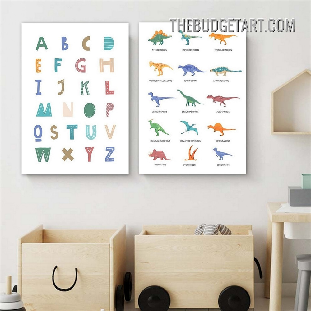 Colorful Dinosaurs Animal Typography Modern Painting Picture 2 Piece Canvas Art Prints for Room Wall Outfit