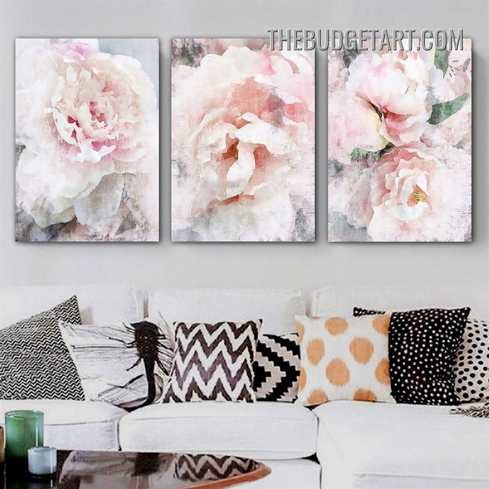 Pink Peonies Abstract Floral Modern Painting Picture 3 Piece Canvas Wall Art Prints for Room Décor