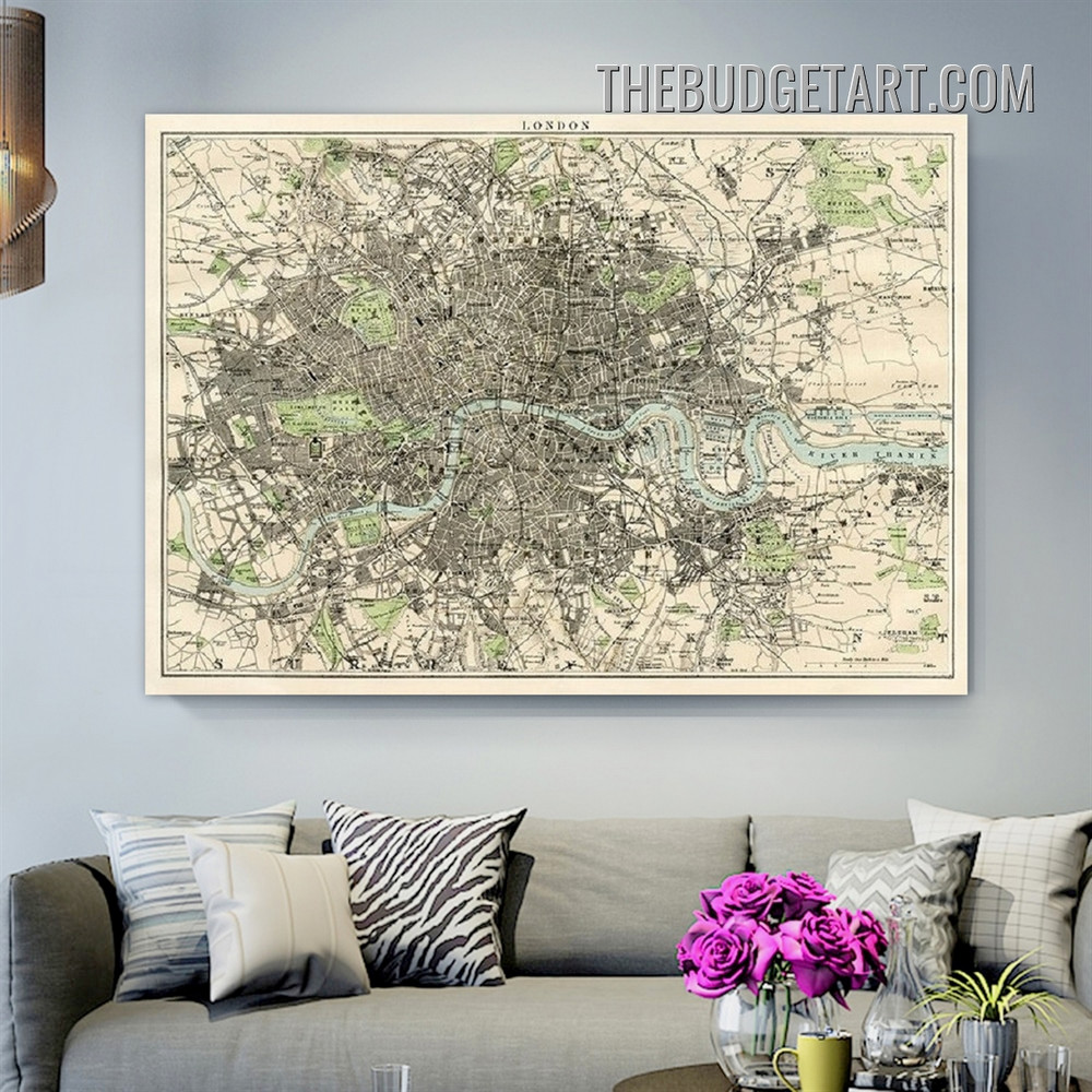 London City Abstract Map Vintage Painting Picture Canvas Art Print for Room Wall Outfit