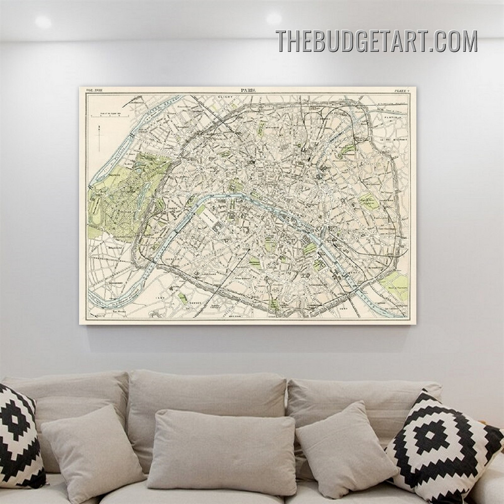 Paris City Abstract Map Vintage Painting Picture Canvas Art Print For Room Wall Molding