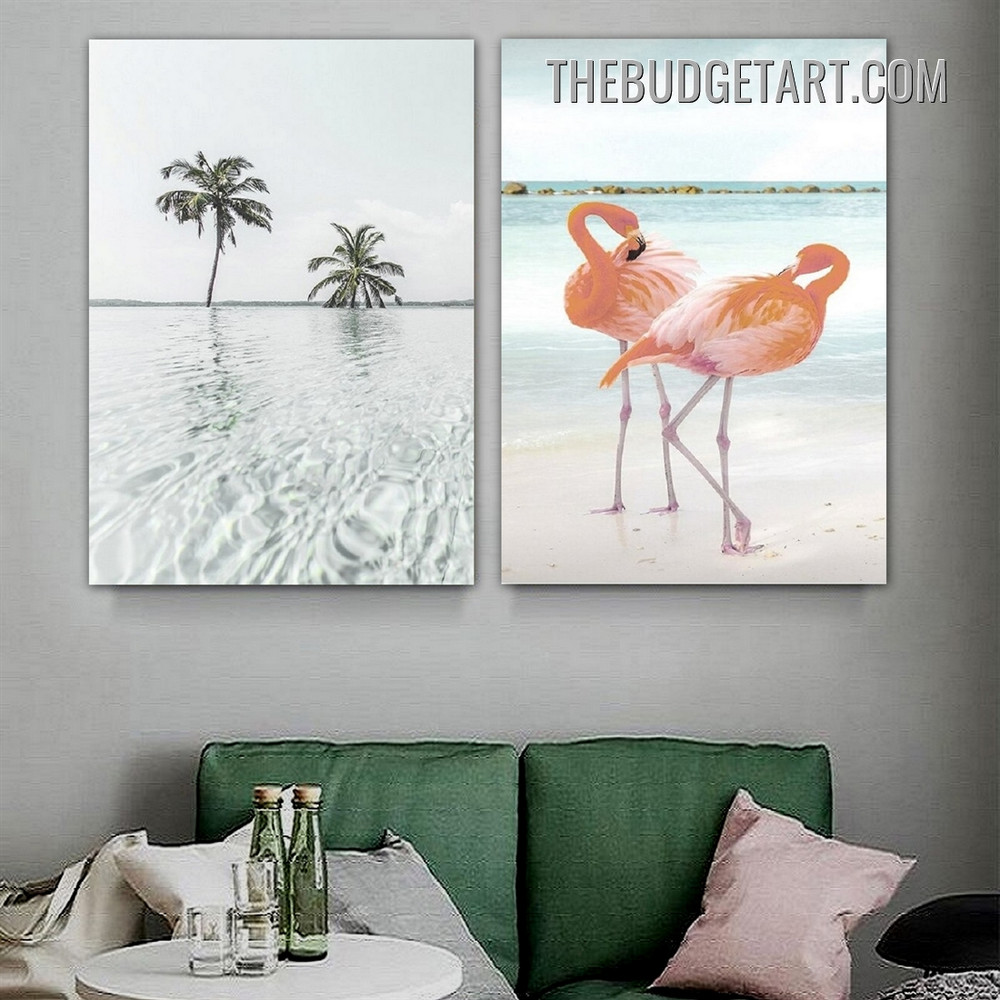 Flamingo Birds Naturescape Modern Painting Picture 2 Piece Canvas Art Prints for Room Wall Flourish