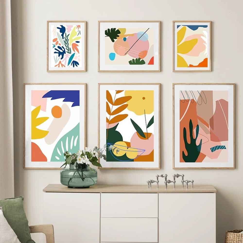 Patchy Blooms Leafage Cheap Botanical Painting Wall Pic Abstract Canvas Print Sets Of 6 Piece Scandinavian for Room Illumination