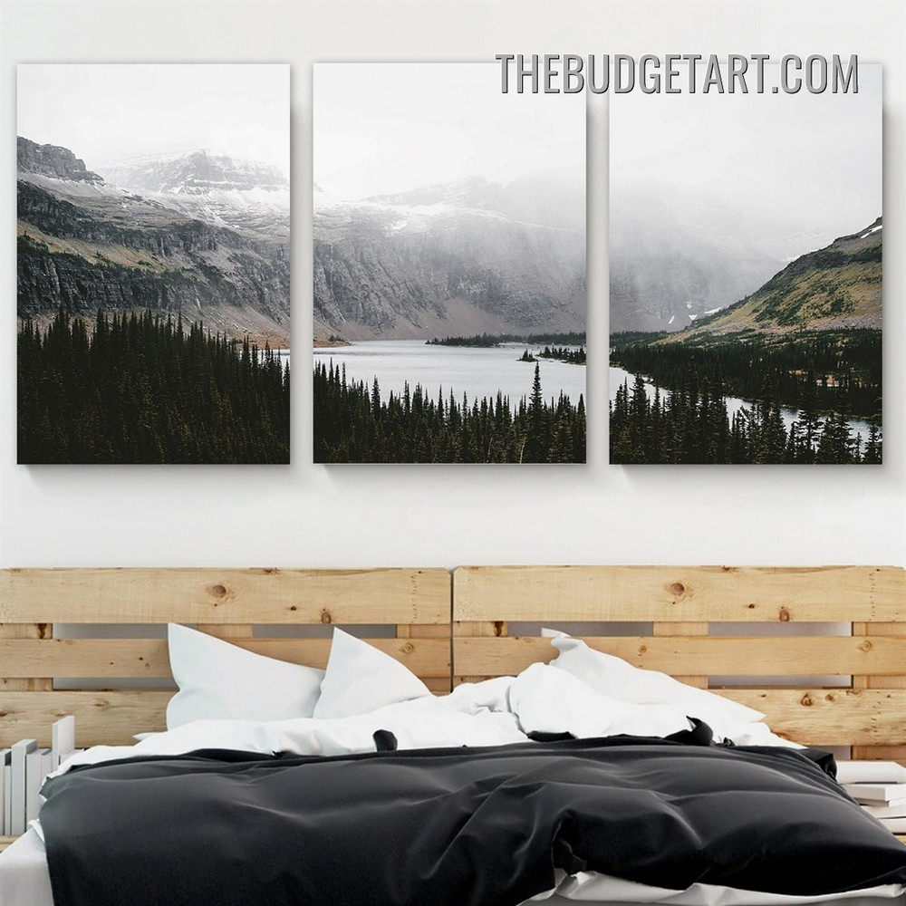 Lake Mountainside Nordic Naturescape Scandinavian Painting Picture 3 Piece Canvas Art Prints for Room Wall Arrangement