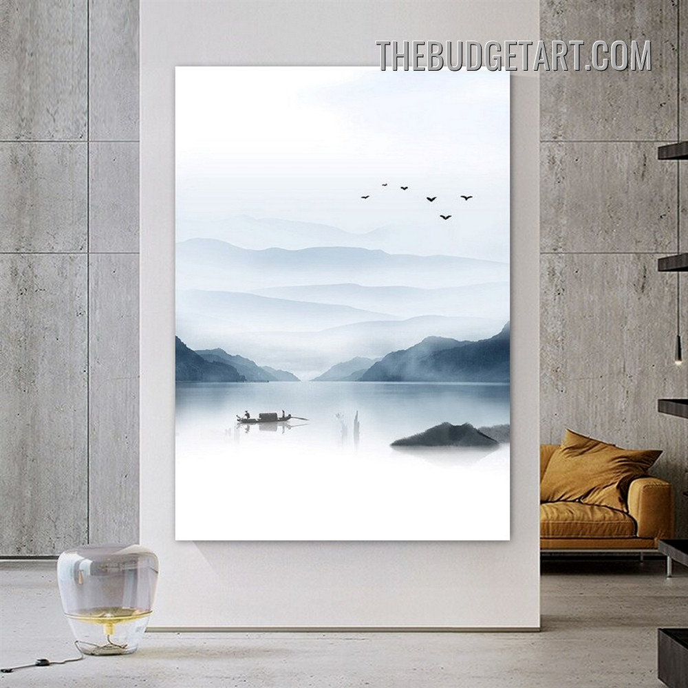 Misty Hills Nordic Naturescape Watercolor Painting Picture Canvas Wall Art Print for Room Décor