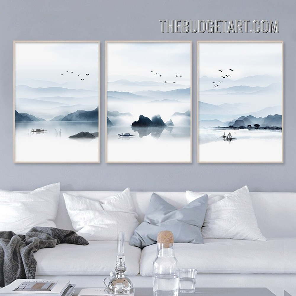 Mountains Lake Nordic Naturescape Watercolor Painting Picture 3 Piece Canvas Art Prints for Room Wall Finery