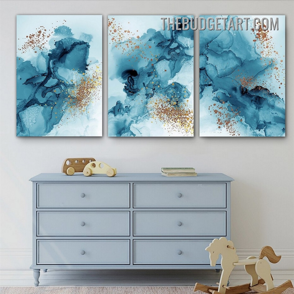 Blue Smudges Abstract Watercolor Modern Painting Picture 3 Piece Canvas Wall Art Prints for Room Garnish