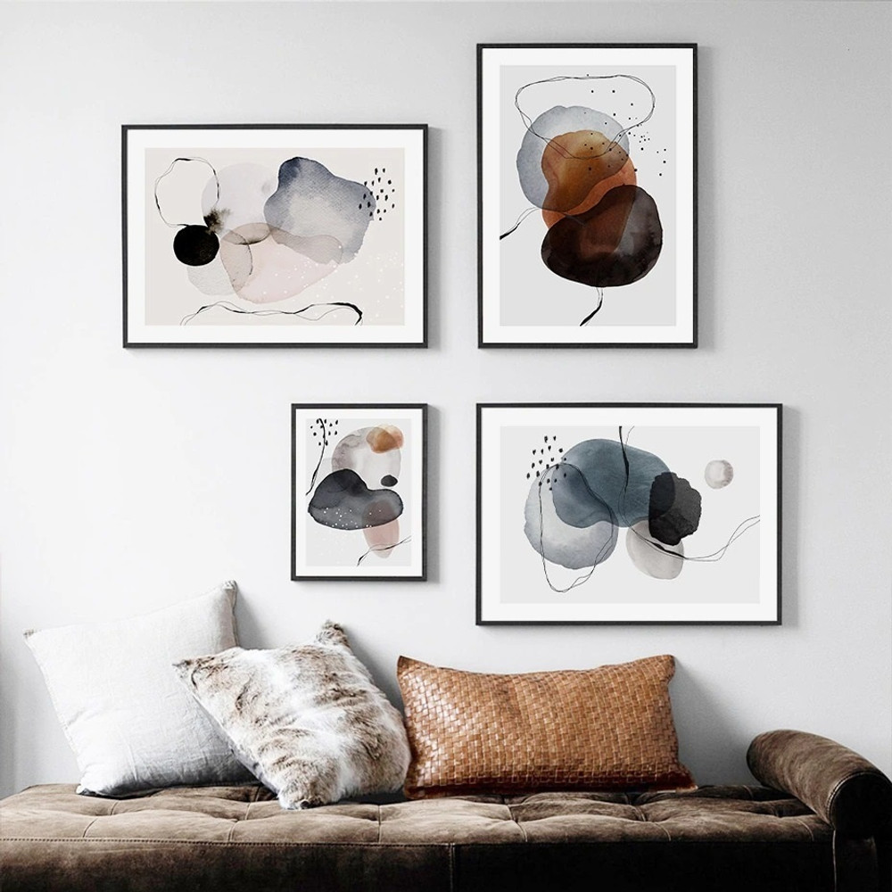 Calico Circular Smudges Lines Geometrical Cheap 4 Multi Panel Watercolor Wall Art Photograph Abstract Canvas Print for Room Trimming