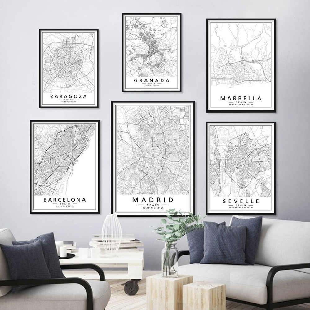 Zaragoza Granada Maps Typography Minimalist Modern Set Picture 6 Multi Panel Canvas Print Artwork Set For Wall Hanging Adornment