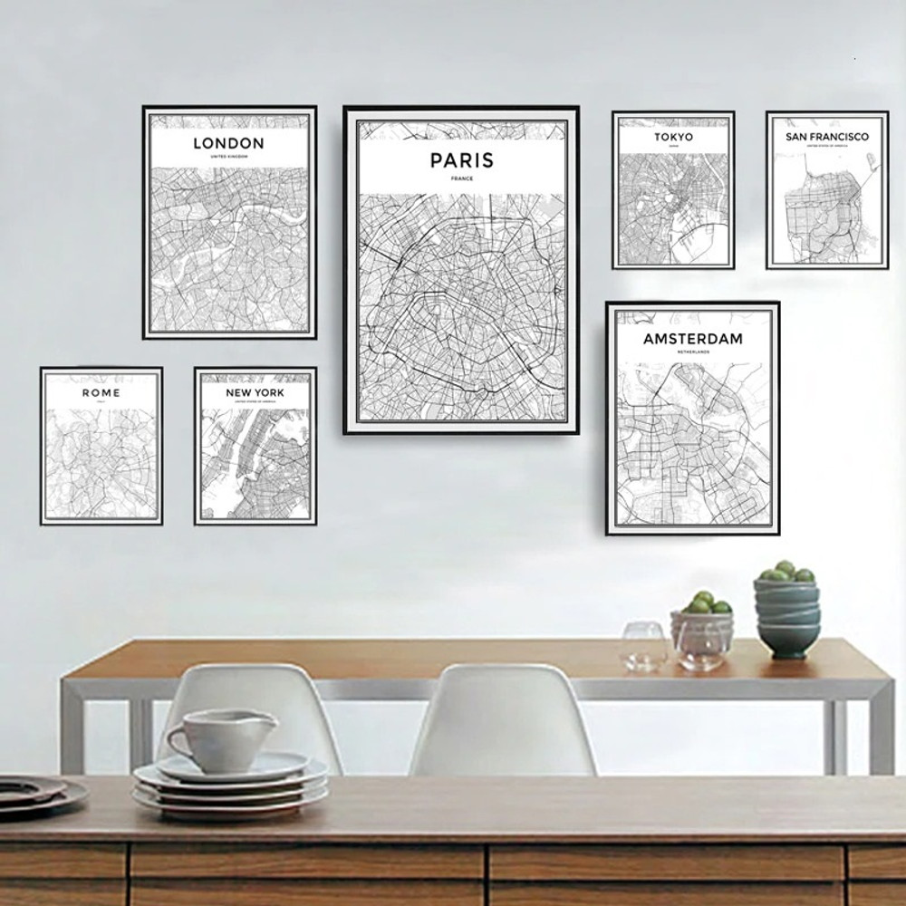 Amsterdam Contour Map Typography Minimalist Modern Set Picture 7 Multi Panel Canvas Print Artwork Set for Wall Hanging Adornment