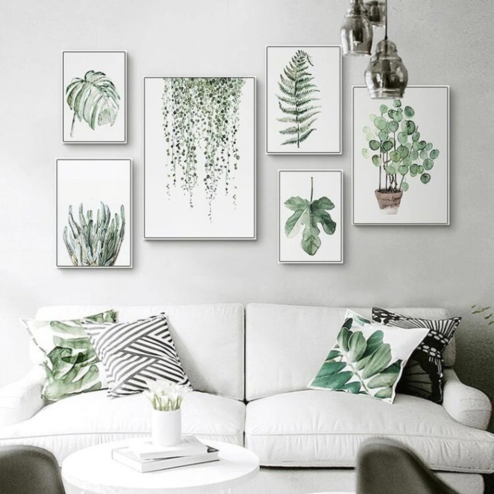 Green Fern Leaflets Minimalist Nordic Botanical Sets Of 6 Piece Painting Pic Canvas Print for Room Wall Disposition