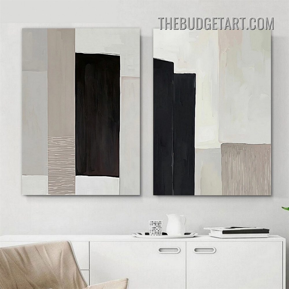 Black Tarnishes Abstract Contemporary Painting Picture 2 Piece Canvas Wall Art Prints for Room Trimming
