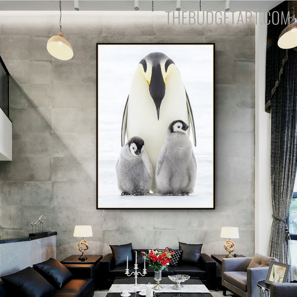 Penguin with Chicks Bird Modern Smudge Image Canvas Print for Room Wall Assortment