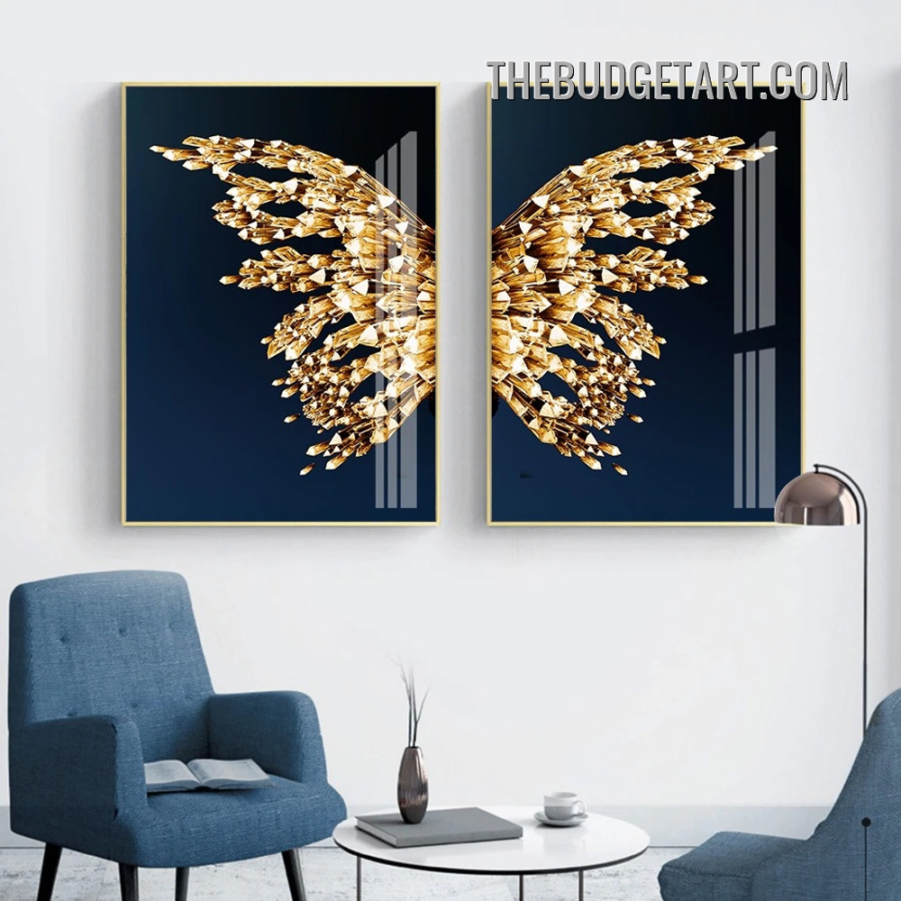 Golden Butterfly Wings Abstract Modern Painting Picture 2 Piece Canvas Art Prints for Room Wall Embellishment