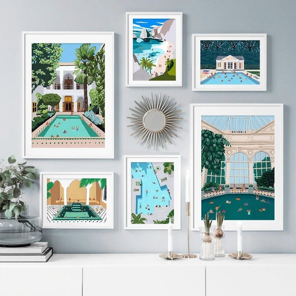 Human Swimming Pool Vacation Landscape Cheap 6 Multi Panel Modern Wall Art Photograph Abstract Canvas Print for Room Assortment