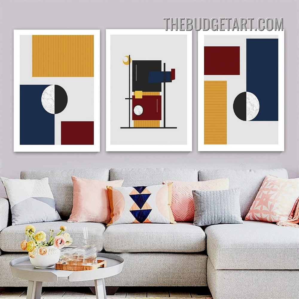 Colorful Geometric Shapes Abstract Modern Painting Picture 3 Piece Canvas Art Prints for Room Wall Flourish