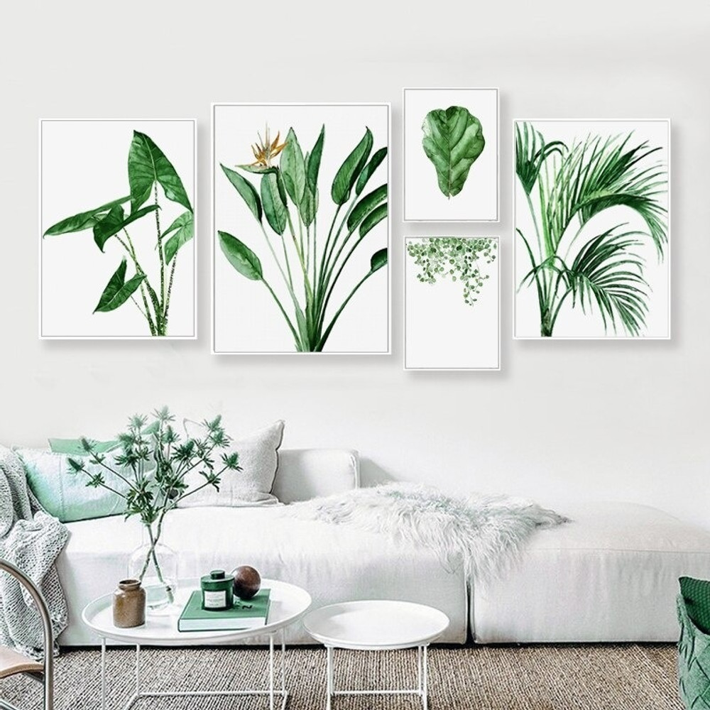 Green Alocasia Leafage Modern Botanical 5 Multi Piece Wall Art Set Minimalist Photograph Canvas Print for Room Getup