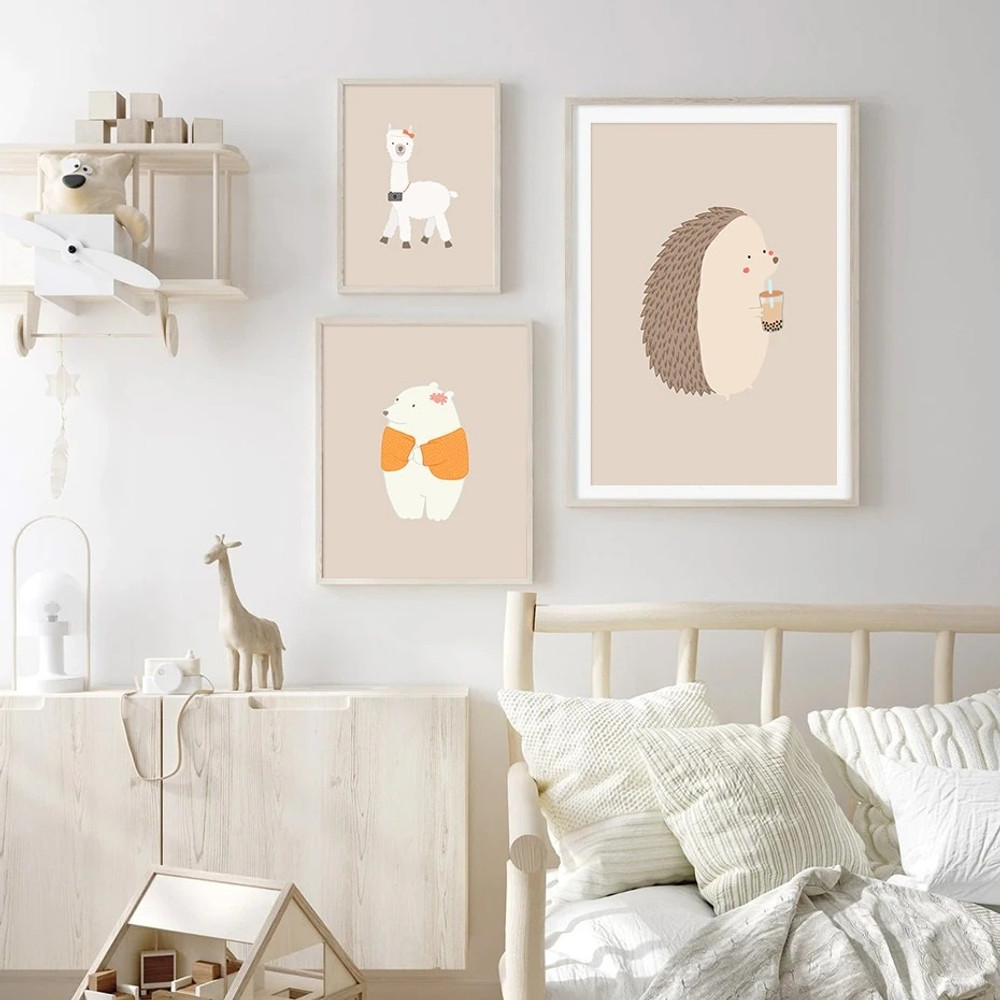 Hedgehog Cartoon Bear Animal Minimalist Nursery 3 Piece Painting Pic Canvas Print for Room Wall Trimming
