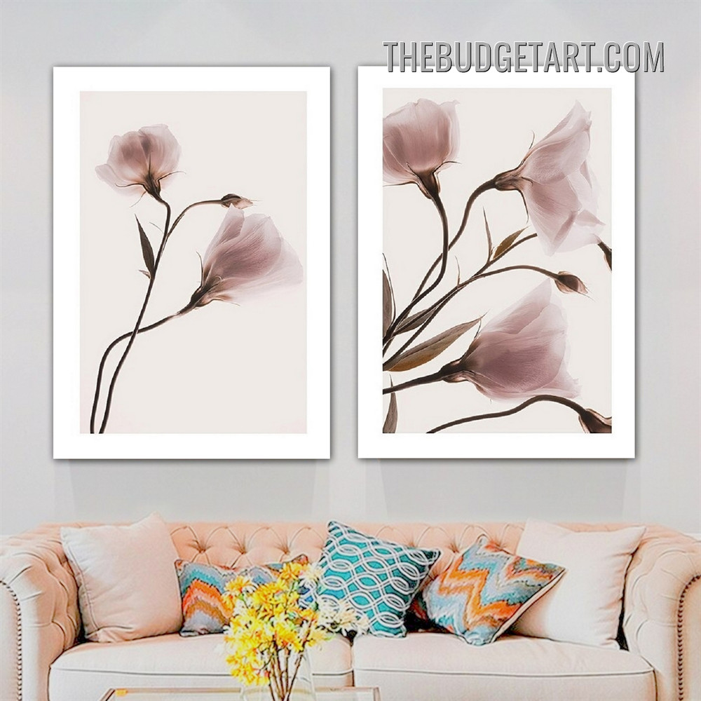 Pink Flowers Floral Modern Painting Picture 2 Piece Canvas Wall Art Prints for Room Garnish