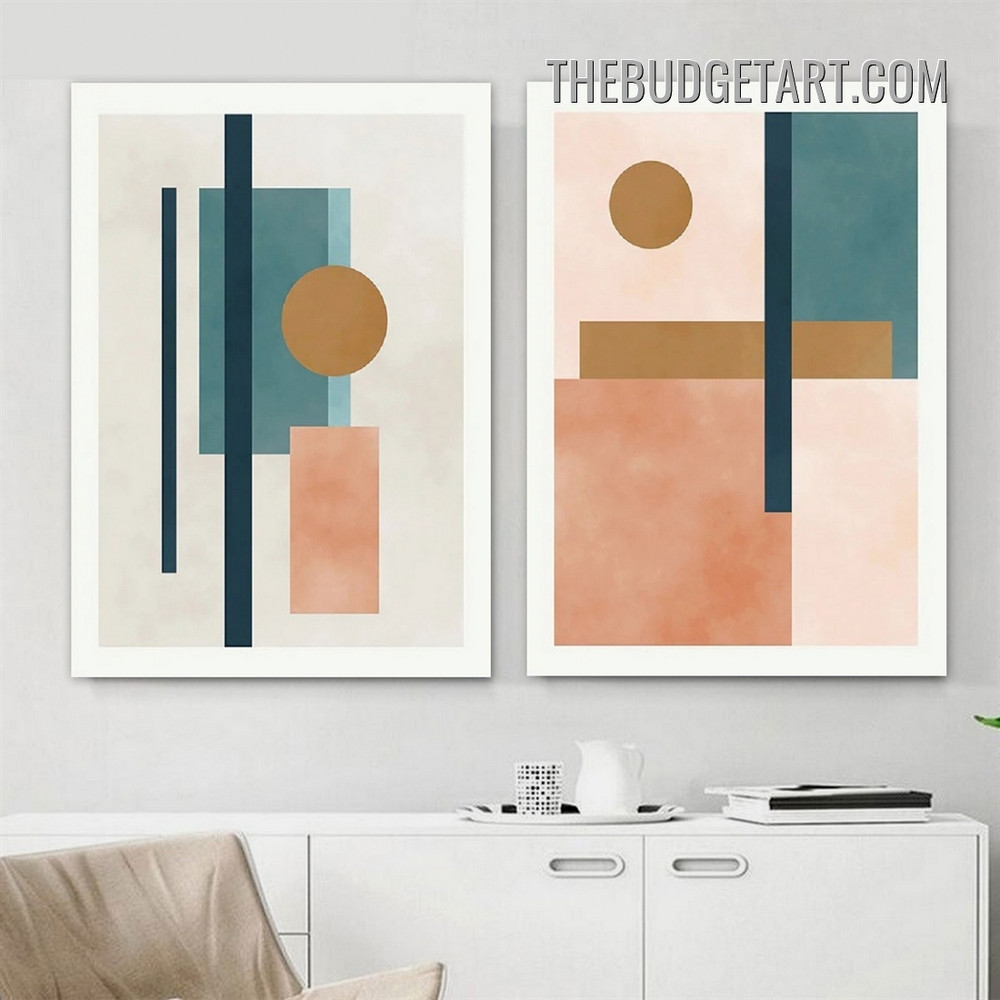 Squares Circles Abstract Geometric Modern Painting Picture 2 Piece Canvas Wall Art Prints for Room Garnish