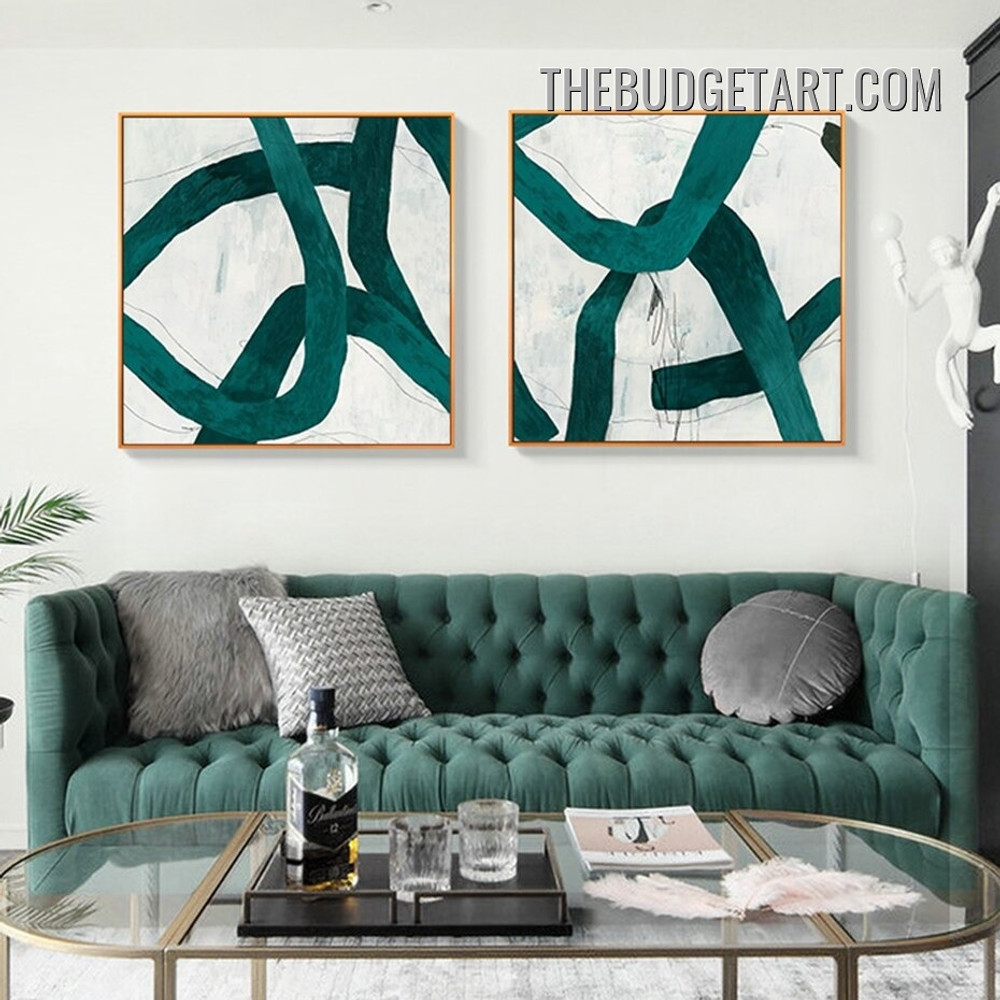 Green Curved Lines Abstract Modern Painting Picture 2 Piece Canvas Art Prints for Room Wall Disposition