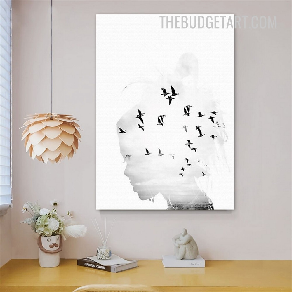 Woman Face Birds Abstract Modern Painting Picture Canvas Wall Art Print for Room Molding