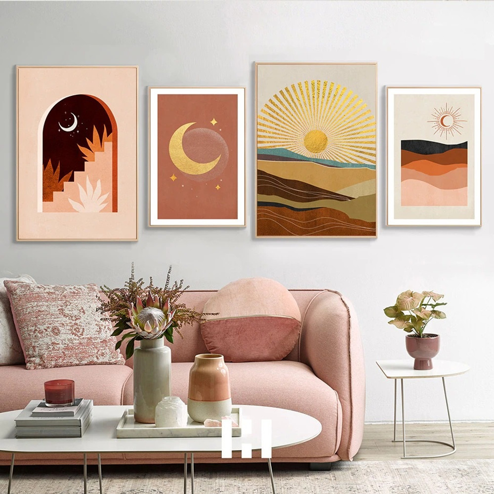 Moon Spangles Sun Scandinavian Abstract Photograph Landscape 4 Piece Set Canvas Print for Room Wall Art Adornment