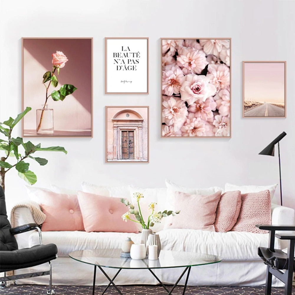 Blush Pink Peonies Rose Abstract Floral Set Picture 5 Multi Panel Vintage Canvas Print Artwork Set for Wall Hanging Garniture