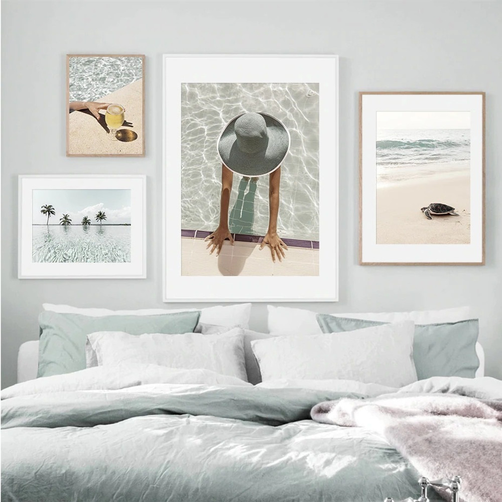 Littoral Aqua Tortoise Beach Abstract 4 Multi Panel Landscape Modern Artwork Set Picture Canvas Print for Wall Hanging Outfit