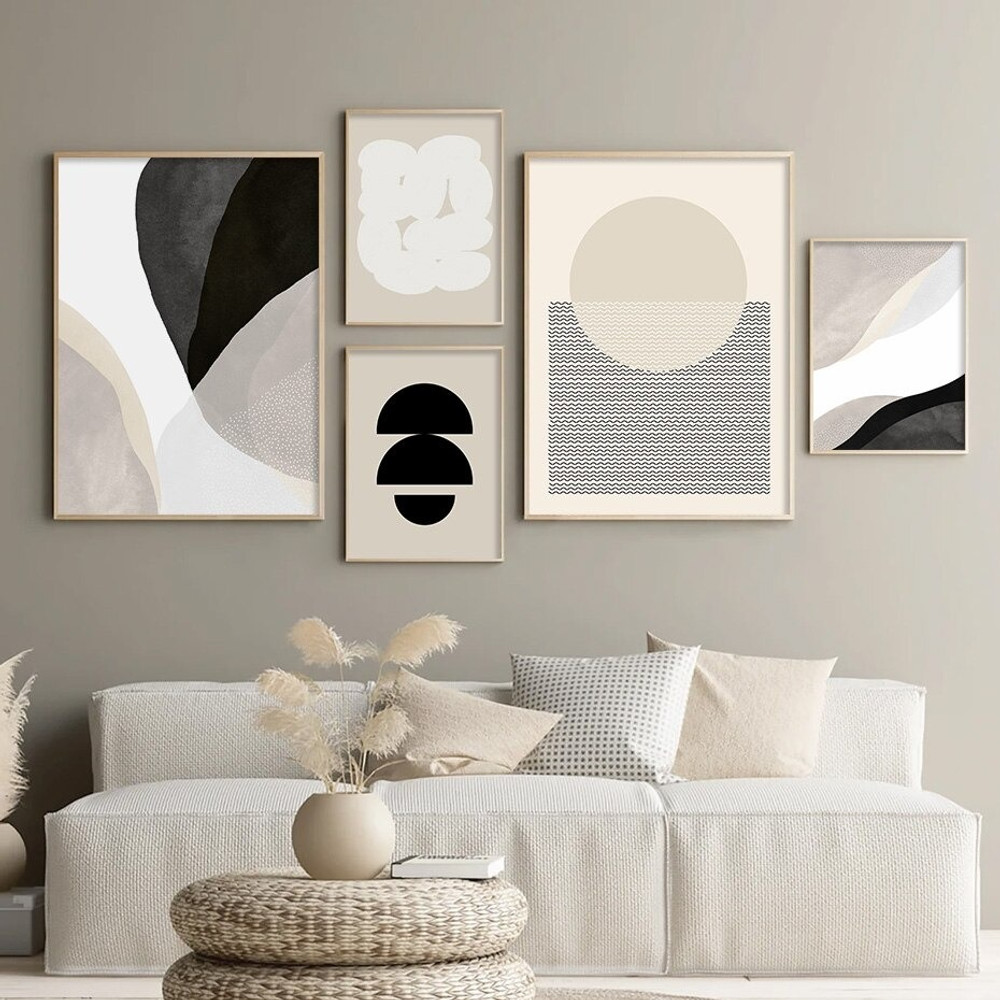 Black Zigzag Alignments Circles Geometric Photograph Abstract Scandinavian 5 Piece Set Canvas Print for Room Wall Art Embellishment