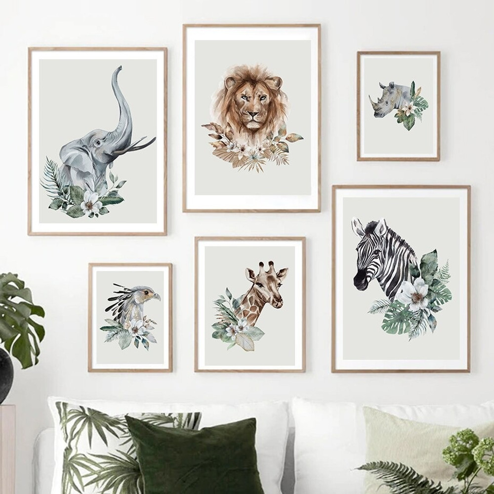 Wild Rhinoceros Zebra Minimalist Photograph Animal Modern 6 Piece Set Canvas Print for Room Wall Art Decor