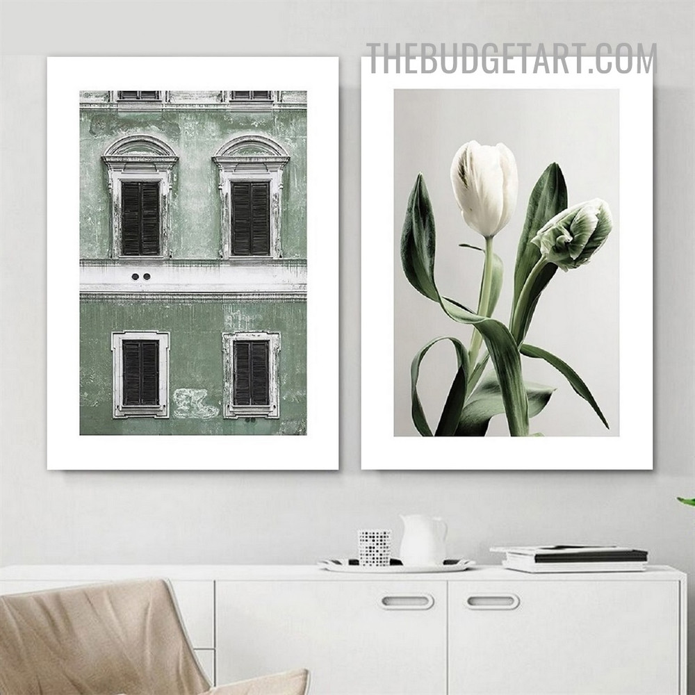 Tulip Blossoms Architecture Floral Modern Painting Picture 2 Piece Canvas Wall Art Prints for Room Decoration