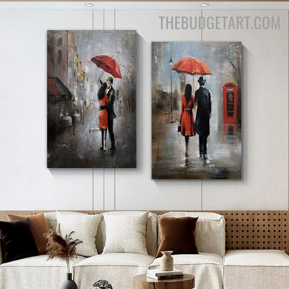 Couple with Umbrella Abstract Figure Heavy Texture Painting Handmade Stretched Framed 2 Piece Framed Canvas Oil Painting Set Modern Artwork for Living Room Decor