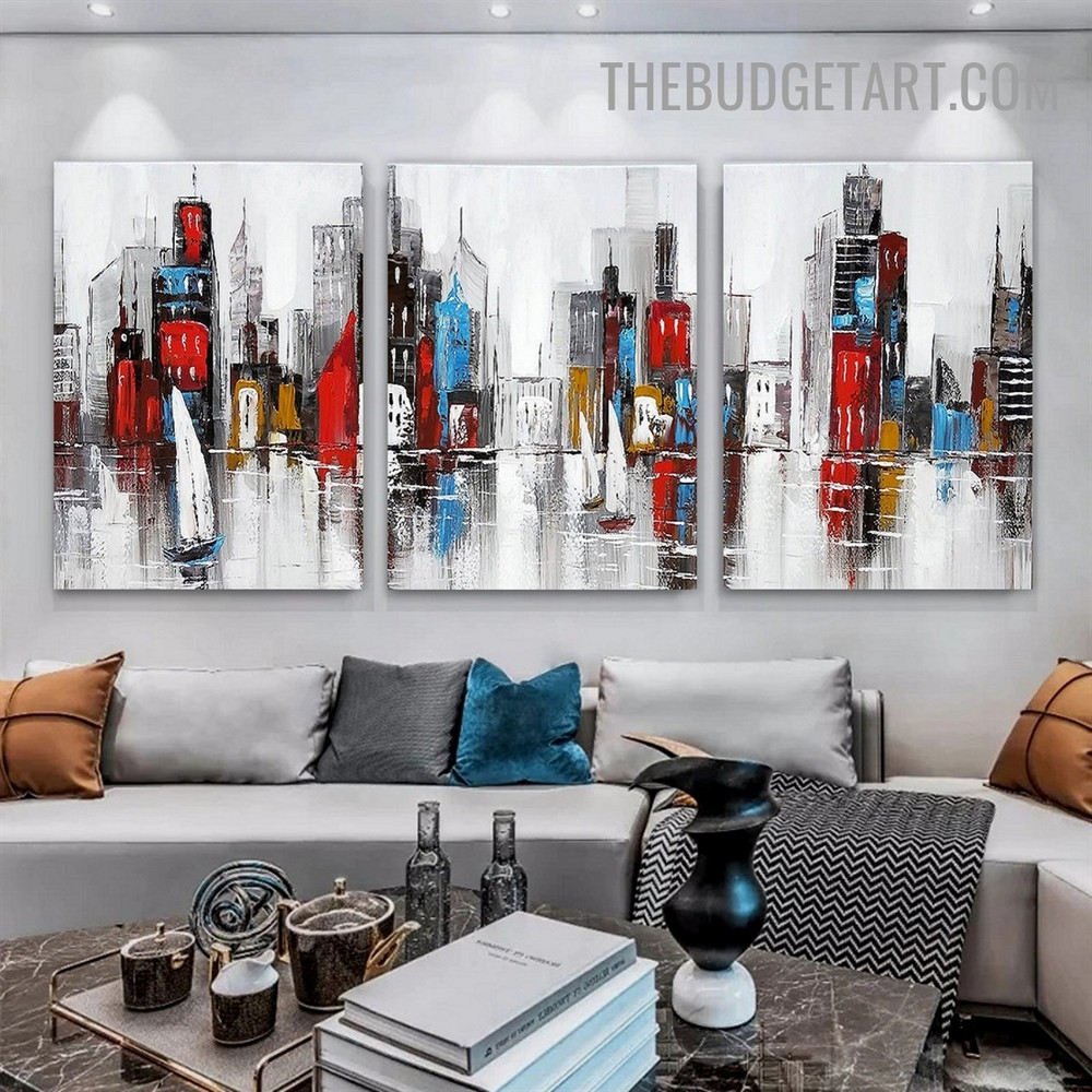 Colorful Buildings Abstract Cityscape Modern Heavy Texture Artist Handmade Framed Stretched 3 Piece Framed Canvas Painting for Wall Décor