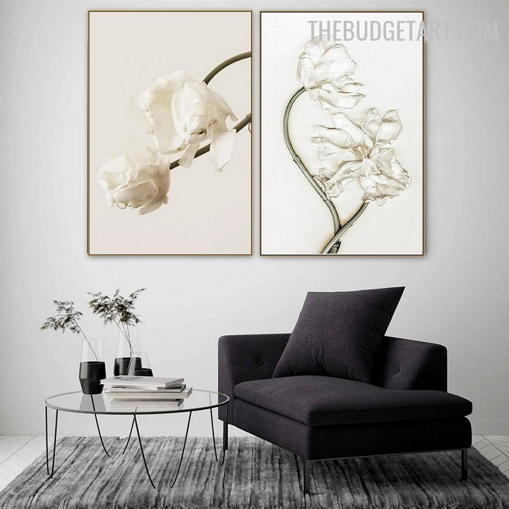 White Blooms Abstract Botanical Modern Painting Pic Canvas Print for Room Wall Ornamentation