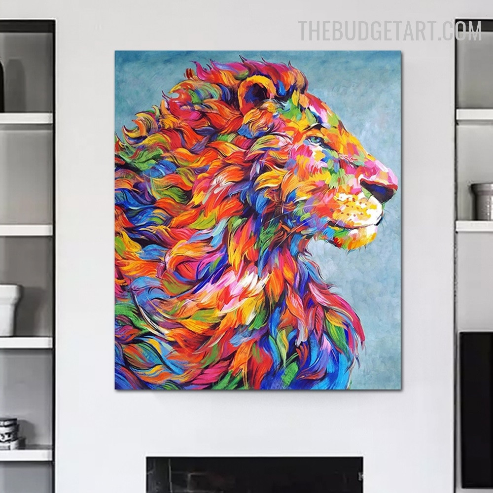 Leo The Lion Abstract Animal Handmade Knife Canvas Painting for Room Wall Tracery