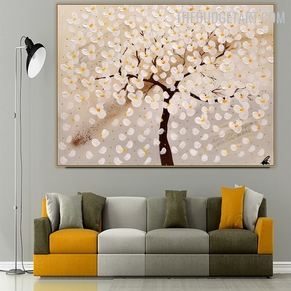 White Daffodils Tree Handmade Botanical Canvas Painting for Wall Accent Décor