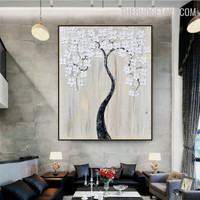 White Blossom Tree Handmade Knife Canvas Painting Botanical Wall Flourish Art