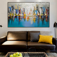 Aqua Building Colourful Handmade Abstract Landscape Palette Art on Canvas for Room Wall Garnish