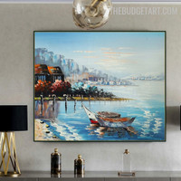 Sea Boats Water Abstract Landscape Handmade Palette Artwork on Canvas for Room Wall Molding
