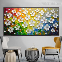 White Floret Flower Handmade Heavy Knife Canvas Painting Done By Artist for Room Wall Illumination