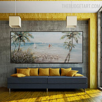 Ocean Trees Water Naturescape Handmade Texture Canvas Painting by an Experienced for Room Wall Embellishment
