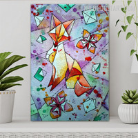 Fox Square Lines Handmade Texture Canvas Painting Animal Abstract Geometric Wall Art for Room Adornment