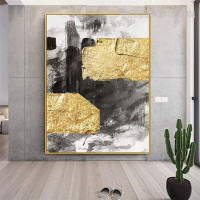 Golden Blots Beautiful Handmade Heavy Acrylic Canvas Abstract Contemporary Artwork Done By Artist Wall Accent Trimming