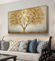 Golden Leaflet Tree Abstract Botanical 100% Artist Handmade Heavy Texture Canvas Painting for Room Wall Equipment