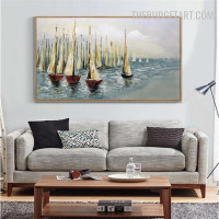Aqua Ships Clouds Famous 100% Artist Handmade Modern Acrylic Canvas Abstract Naturescape Artwork for Room Wall Disposition