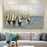 Aqua Ships Sky Abstract Naturescape Handmade Texture Canvas Painting Done By Artist for Room Wall Décor