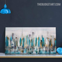 Buildings Blot Boats Abstract Landscape Handmade Acrylic Painting on Canvas Done By Artist for Room Wall Onlay